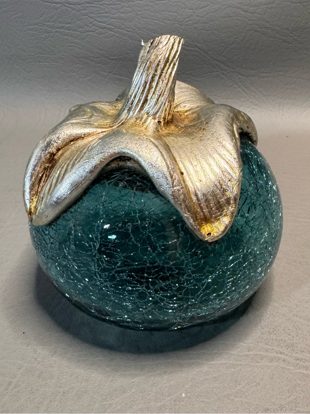Turquoise Crackle Glass Pumpkin Art Paperweight HandBlown Silver Metal Look Stem